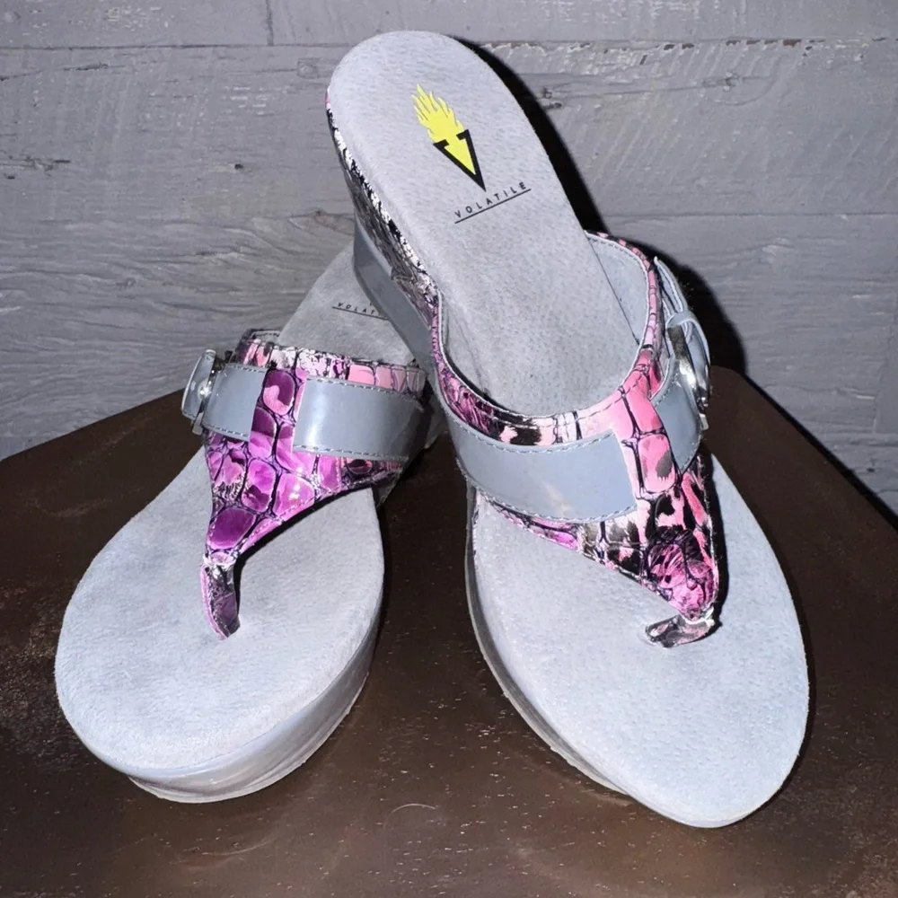 Volatile Pink and Gray Wedge Sandals with Cushioned Insole